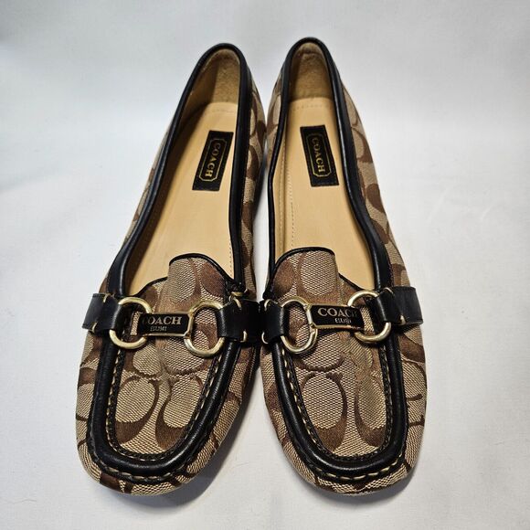 Coach Womens Canvas Leather Monogram Slip On Loafers Size 7.5 Brown Dress Shoes - Picture 2 of 8